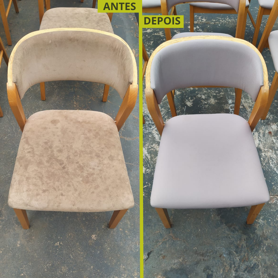 Antes e depois de higienização de cadeira estofada em Dourados-MS — Super Clean